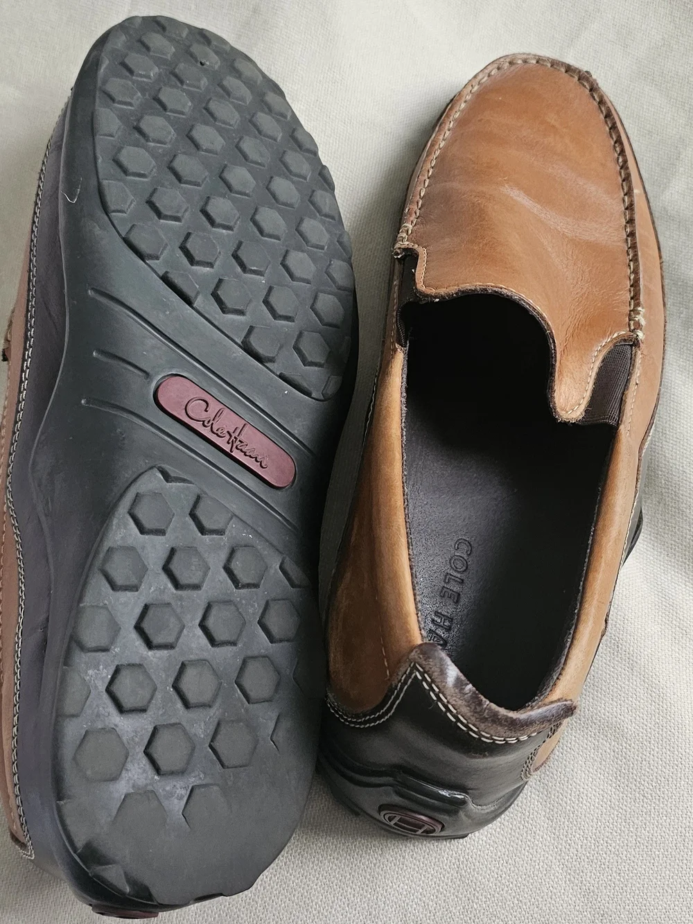 Cole Haan Tan and Dark Brown Leather Slip-On Loafers